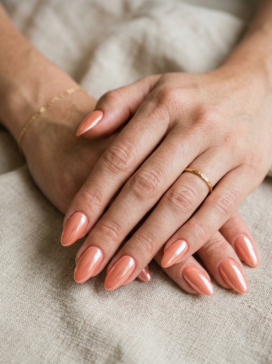 Peach Coral Chrome Nails